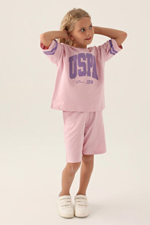 U.S. Polo Assn Lisanslı Sleeve Detail Toz Pembe Kız Çocuk Bermuda Takım