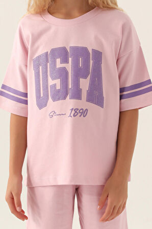 U.S. Polo Assn Lisanslı Sleeve Detail Toz Pembe Kız Çocuk Bermuda Takım