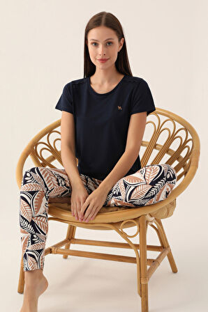 Arnetta Leaf Lacivert Kadın Kısa Kol Pijama Takımı