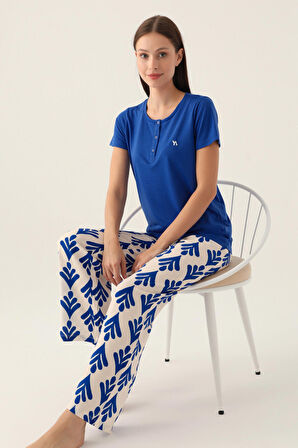 Arnetta Patterned Mavi Kadın Kısa Kol Pijama Takımı