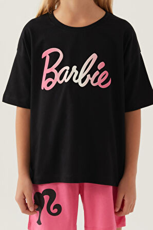 Barbie Patterned Siyah Kız Çocuk Şort Takım