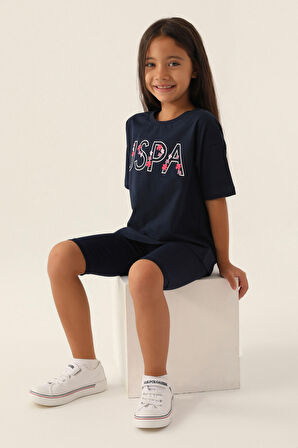 U.S. Polo Assn Lisanslı Written Flowers Lacivert Kız Çocuk Bermuda Takım