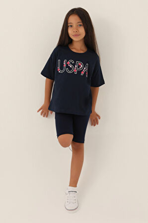 U.S. Polo Assn Lisanslı Written Flowers Lacivert Kız Çocuk Bermuda Takım