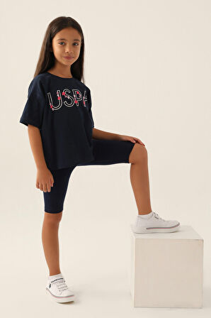 U.S. Polo Assn Lisanslı Written Flowers Lacivert Kız Çocuk Bermuda Takım