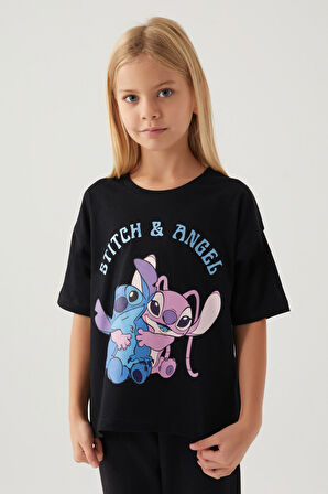 Stitch Angel Siyah Kız Çocuk T-Shirt
