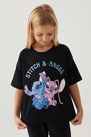 Stitch Angel Siyah Kız Çocuk T-Shirt