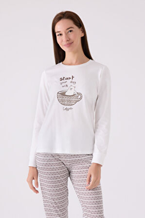 Arnetta Kadın Uzun Kol Pijama Takım AR3086 Krem