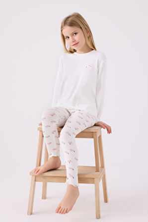 Rolypoly Kız Çocuk Uzun Kol Pijama Takım RP3458 Krem