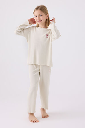 Kız Çocuk Krem Uzun Kol Pijama Takım