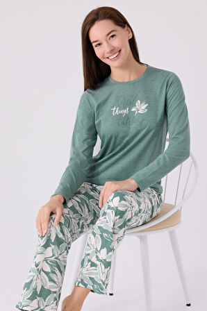 Arnetta Kadın Uzun Kol Pijama Takım AR3115 Yeşil