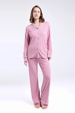 Kadın Pembe Gömlek Pijama Takım