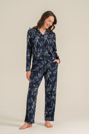 Kadın Leaves Lacivert Gömlek Pijama Takımı PC9259-S-V1
