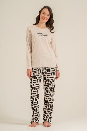 Kadın Better Than Yesterday Krem Uzun Kol Pijama Takım PC9299-S-V1