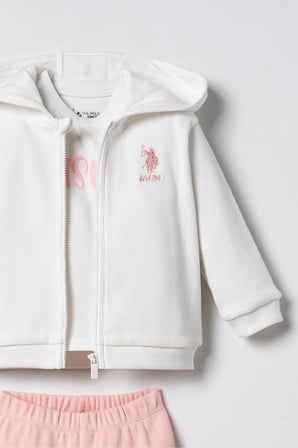 U.S. Polo Assn Kız Bebek Nakışlı Uzun Kol 3 Parça Hırkalı Takım Beyaz