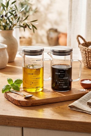 Borosilikat 2'li Cam Yağlık ve Sirkelik Seti 350 ml - Ölçü Çizgili - Çelik Kapak