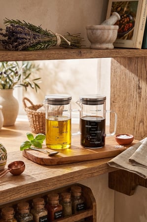 Borosilikat 2'li Cam Yağlık ve Sirkelik Seti 350 ml - Ölçü Çizgili - Çelik Kapak