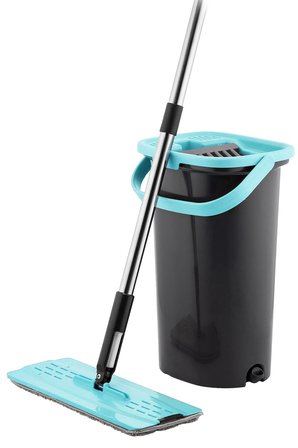 Compact Tablet Mop Temizlik Seti - Mikrofiber Paspas ve Sıkma Hazneli Kova Siyah/Mavi