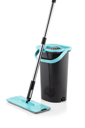 Compact Tablet Mop Temizlik Seti - Mikrofiber Paspas ve Sıkma Hazneli Kova Siyah/Mavi