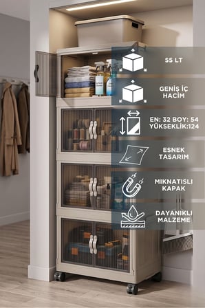 55 LT Geniş Hacimli Organizer Dolap - 4 Bölmeli 127 cm Çok Amaçlı Banyo ve Mutfak Düzenleyici