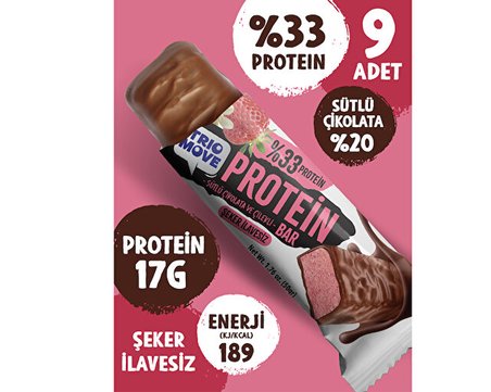 Trio Move Çikolata Kaplamalı Protein Bar - Çilekli Ve Sütlü Çikolatalı 50 G X 9 Adet Protein Bar