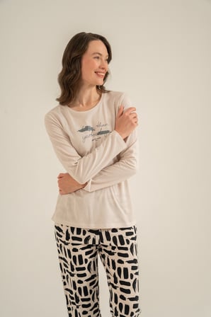 Kadın Açık Bej Bisiklet Yaka Pijama Takım, Cepli Penye Modal Pijama Takım, %50 Pamuk %50 Modal