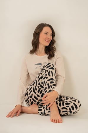 Kadın Açık Bej Bisiklet Yaka Pijama Takım, Cepli Penye Modal Pijama Takım, %50 Pamuk %50 Modal