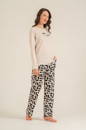 Kadın Açık Bej Bisiklet Yaka Pijama Takım, Cepli Penye Modal Pijama Takım, %50 Pamuk %50 Modal