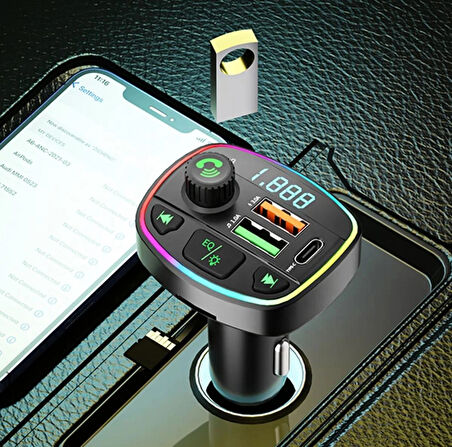 Araç İçi Çakmaklı Kablosuz Oynatıcı Dönüştürücü Transmitter Wireless Bluetooth FM MP3 Multi Fonksiyon Type-C