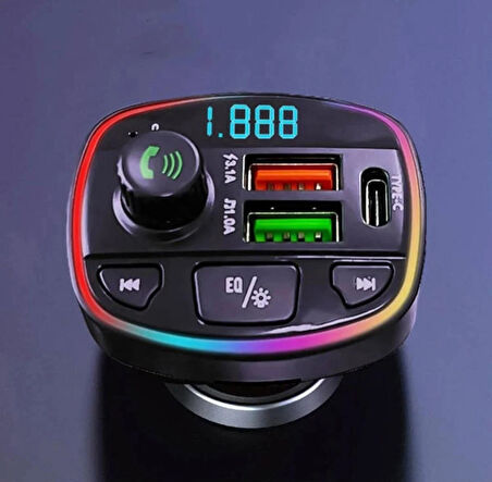 Araç İçi Çakmaklı Kablosuz Oynatıcı Dönüştürücü Transmitter Wireless Bluetooth FM MP3 Multi Fonksiyon Type-C