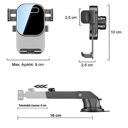 Araç İçi Telefon Tutucu 360° Dönebilen Kaliteli Vakumlu Teleskobik Navigasyon Araç Tutacağı Vantuzlu Tek El Kullanım Bas-Kilitle RT-66D