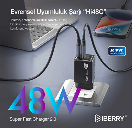 IBERRY Hİ48 COMPACT EFFICIENT & HI TECH GaN 48W SEYAHAT HIZLI ŞARJ ALETİ USB A+ USB C