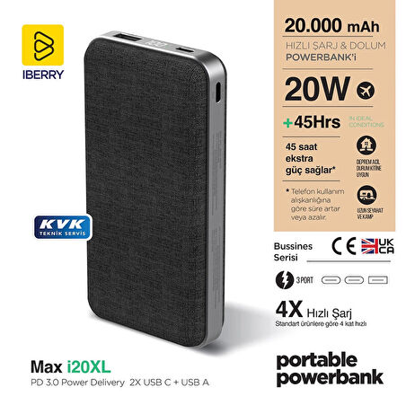IBERRY İ20XL 20.000 mAh PD 20W TAŞINABİLİR ŞARJ ALETİ POWERBANK
