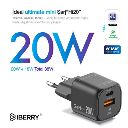 IBERRY Hİ20 MİNİ COLD 20W GaN SEYAHAT ŞARJ ALETİ USB A+USB C