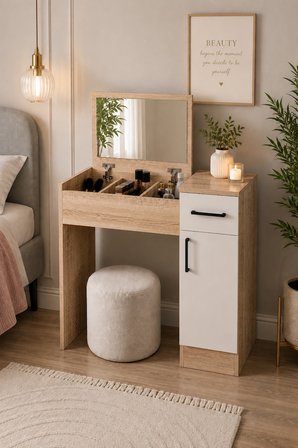 Arnetti İnci Dolaplı Dekoratif Aynalı Makyaj Masası Atlantik Çam Beyaz