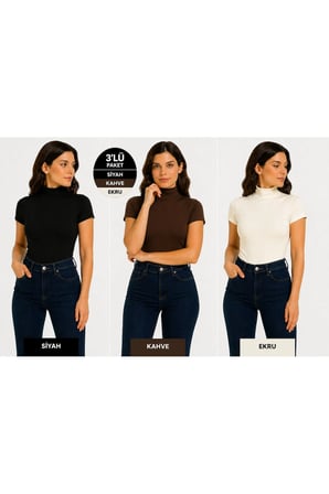 Body Kısa Kol Yarım Balıkçı Yaka Viskon örme kumaş Body 3 Lü Siyah,beyaz,acıkahve Renk
