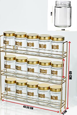 3 Katlı Gold Metal Stantlı 15'li Yuvarlak Cam Kavanoz Seti Gold Renk Baharat Etiketi Hediyelidir