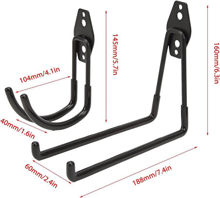 4'lü Multi Garaj Kancası Askı Seti, Güçlü Metal Düz Uzun ve Oval Kısa Kavisli Depolama Kancaları