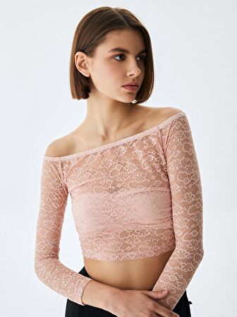 Dantel Omuzu Açık Crop Top Pembe Sweatshırt