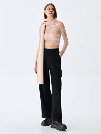Dantel Omuzu Açık Crop Top Pembe Sweatshırt