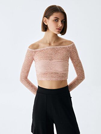 Dantel Omuzu Açık Crop Top Pembe Sweatshırt