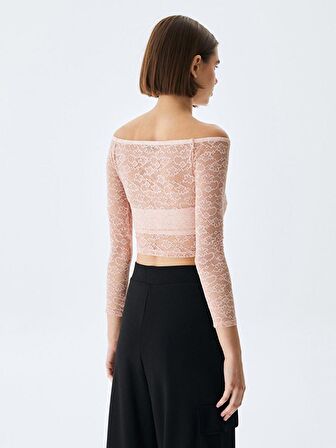 Dantel Omuzu Açık Crop Top Pembe Sweatshırt
