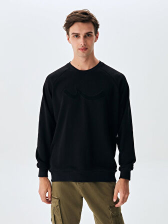 Sıgnlı Sıfır Yaka Uzun Kollu Regular Fit Siyah Sweatshırt