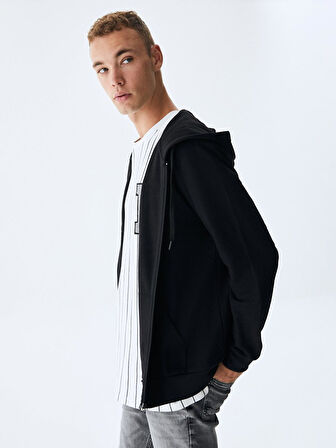 Düz Kapüşonlu Fermuarlı Regular Fit Siyah Sweatshırt