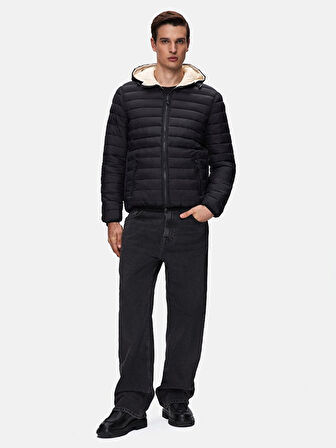 Kapüşonlu Düz Siyah Mont