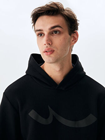 Sıgnlı Kapüşonlu Fermuarsız Regular Fit Siyah Sweatshırt