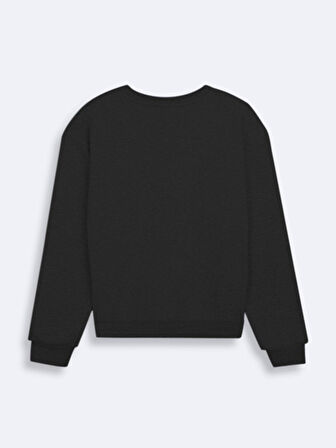 Sloganlı Sıfır Yaka Uzun Kollu Basıc Siyah Sweatshırt