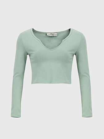 V Yaka Uzun Kollu Crop Yeşil Sweatshırt