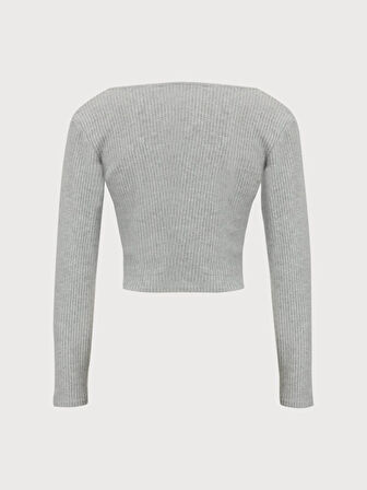 Fitilli V Yaka Crop Gri Sweatshırt