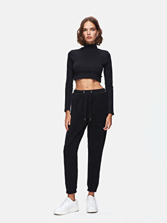 Ince Fitilli Dik Yaka Crop Siyah Sweatshırt
