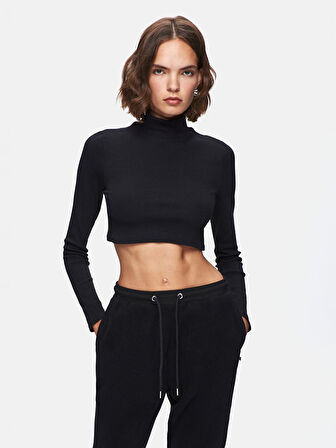 Ince Fitilli Dik Yaka Crop Siyah Sweatshırt